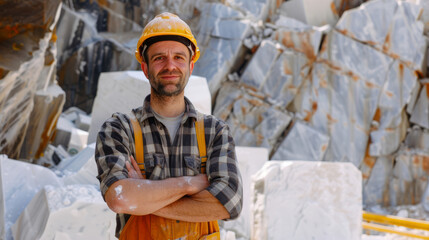Caucasian male quarry worker in plaid shirt and hard hat in marble quarry