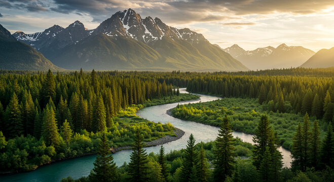 Nature landscape with river, forest and mountains Generative AI - Powered by Adobe