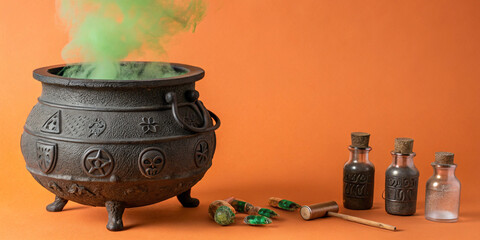 Witchs Cauldron with Green Smoke and Potion Bottles Still Life.