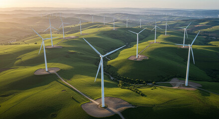 Aerial view of wind farm on green hills Generative AI