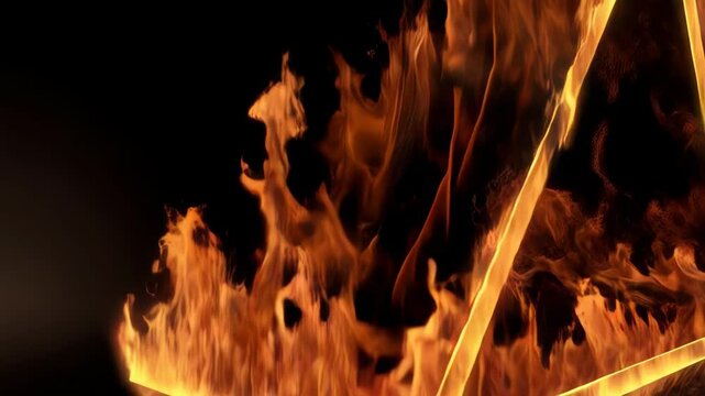 Exploration of fire-themed graphic design showcasing a triangular shape engulfed in flames in a dark setting