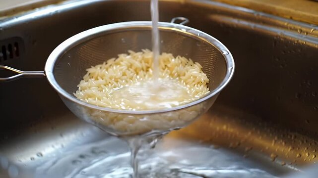 Orzo pasta being rinsed in a steel sieve above a kitchen sink