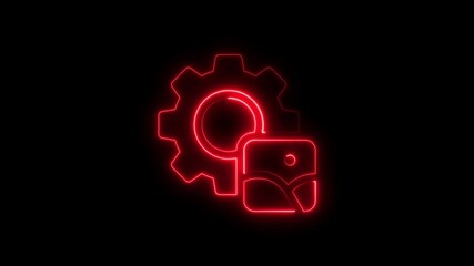 Red neon gear and image settings icon illuminated on black background