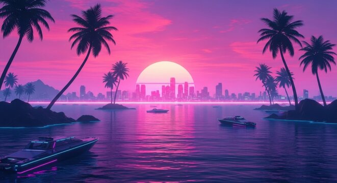 Retrowave sunset over a tropical bay with palm trees and futuristic city skyline in the distance