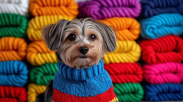 Dog in colorful sweater sitting in front of vibrant yarn stacks during a cozy indoor setting