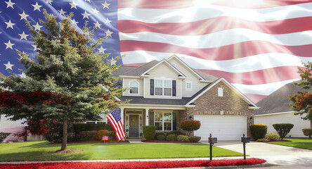 American Dream Home with Waving US Flag