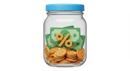 Glass jar filled with golden coins and green banknotes with percentage symbols