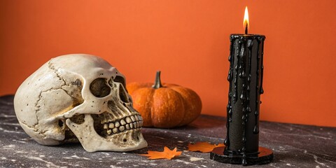 Spooky Halloween Still Life Skull Candle Pumpkin and Autumn Leaves.
