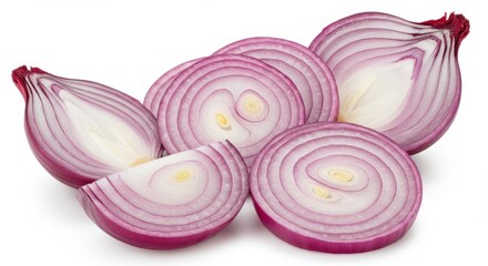 Close up of sliced red onion revealing concentric rings and purple layers