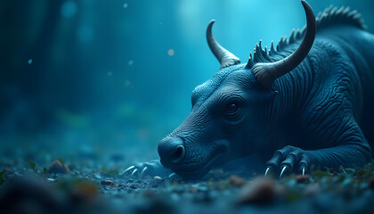 Horned Fantasy Creature Lying on Ground in Blue Forest
