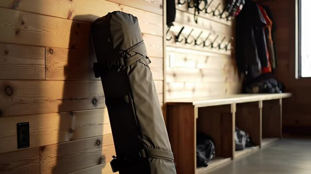 Dark ski bag leaning on a wood-paneled wall with hooks and storage