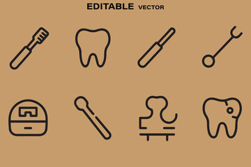 Collection of simple black line art icons representing dental hygiene and tools on a brown background