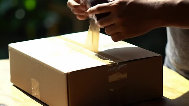 Taping closed a cardboard box for shipping on light wooden surface
