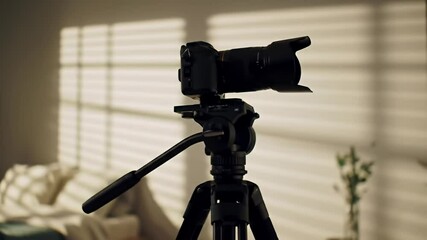 Camera on tripod, indoors, backlit by sunlight through blinds - Powered by Adobe