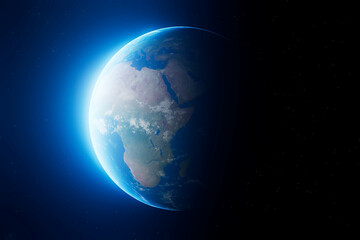 A blue and white planet Earth with a black sky