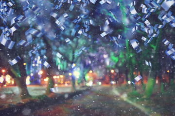 landscape night new year christmas, holiday, falling confetti, background evening