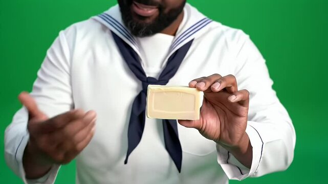 Bearded Man In Sailor Uniform Holds Bar Soap On Green Background In Studio