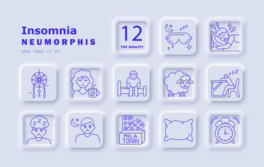 Insomnia set icon. Displays pillow, sleep mask, alarm clock, drowsy face, melatonin, caffeine mug, moon with person, sleeping at desk, counting sheep, restless sleep, bed sitting, dreamcatcher