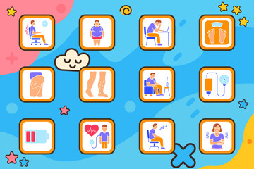 Perfume set icon. Spray bottle, aroma candles, cosmetic tubes, fragrance mist, rose, woman with scent, perfume in bag, classic flacon, square bottle, crystal vial, sample, niche label