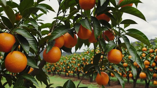 Ripe oranges growing on trees in orchard agriculture farm fresh harvest citrus fruit garden vitamin c treescape