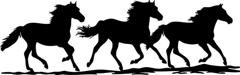 Running horse silhouette with flowing mane and tail in dynamic motion, showing strength and freedom in black shape