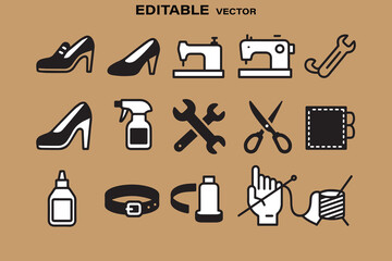 Collection of editable vector icons representing shoe making tailoring and repair services with tools and materials