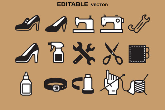 Collection of editable vector icons representing shoe making tailoring and repair services with tools and materials