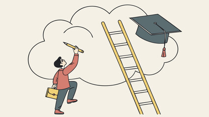 Vector Businessman standing before ladder reaching for graduation cap on cloud, symbolizing dream, achievement, higher education, learning goal