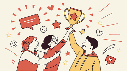 Vector Celebration of teamwork and achievement with trophy in hand, showcasing joy and excitement