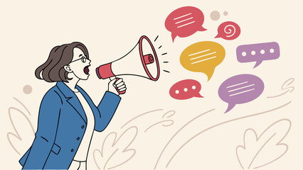 Vector Businesswoman speaking through megaphone with colorful speech bubbles, representing communication, leadership, marketing, feedback, and public relations.