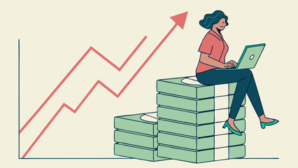 Vector Woman sits on large stack of money working on laptop, symbolizing financial growth and success