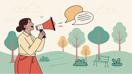 Vector Woman uses megaphone to amplify her message park setting, expressing enthusiasm and engagement