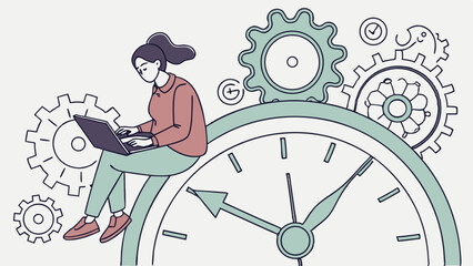 Vector Woman sits large clock face, working laptop surrounded by gears, symbolizing time management