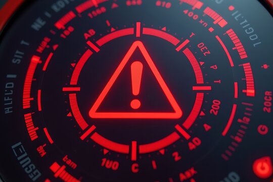 red warning sign with circular hud ring, macro icon with glowing digital background.