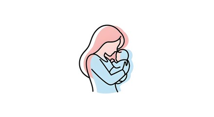 Mother Holding Newborn Baby Gentle Line Art with Pastel Colors