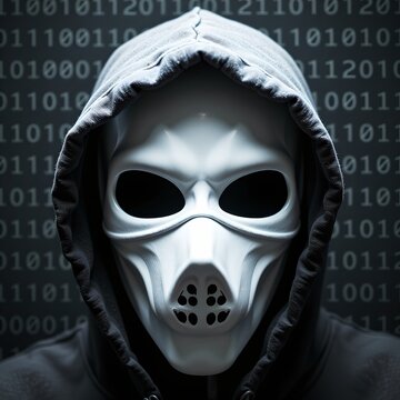 macro front icon of hacker mask with binary code overlay, cybercrime concept.