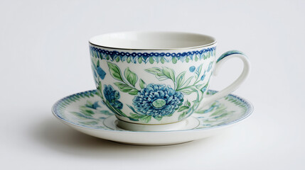 A photo of a porcelain teacup with saucer on a clean white background
