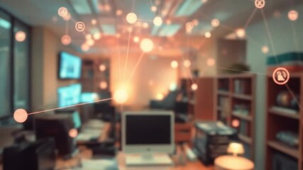 Office network with social media icons representing interconnectedness and digital communication - Powered by Adobe