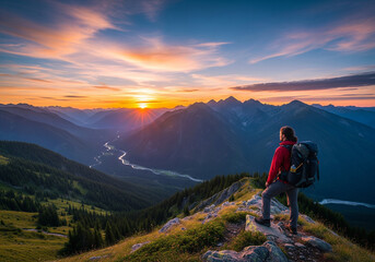 Fototapeta premium Hiker Enjoying Panoramic Mountain Sunset: Adventurous Spirit Overlooking a Breathtaking Valley at Golden Hour