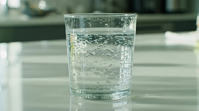 Water droplets cling to glass filled with water on bright counter
