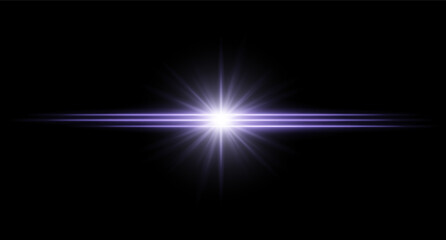 Blue flare. Bright horizontal glow with radial light beams, high contrast center burst on dark background, clean illumination with sharp edges and soft halo.