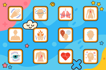 Health symptom set icon. Trembling hand, spinning head, lung pressure, body pain, throat discomfort, chills, fear of death, sweating, eye twitch, stomachache, heartbeat, brain confusion
