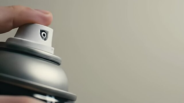 Finger pressing down on a spray can nozzle, neutral background