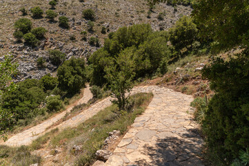 Pathway leading to the Dikteon cave in Lasithi Plateau, Crete, Greece