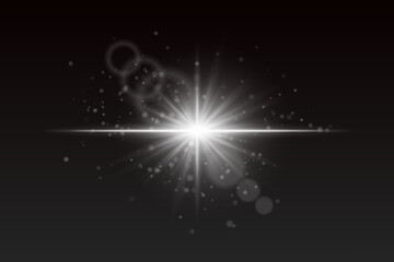 Radiating white burst with glowing particles and lens reflections. Soft sparkle light for cinematic magic or special effects.