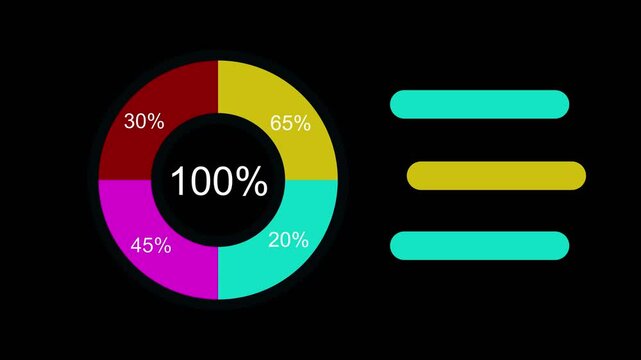 Animated pie chart showing data percentages against a dark background with matching design elements