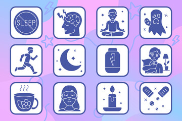Sleep problems set icon. No sleep, brain overload, meditation, nightmare, moon, energy loss, insomnia, tea, mask, candle, supplement, sleep pills.