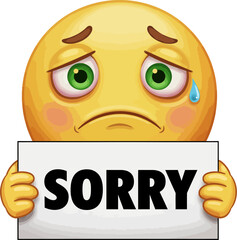 An apologetic emoji expresses sadness while holding a sorry sign with a tear on its face, conveying emotion
