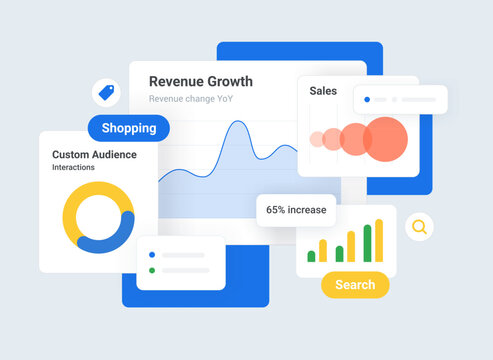 Advertising Platform for Promoting products or services across Search and partner websites. Targeting tools, Budget control and detailed Analytics. Flat Minimalist UI vector illustration