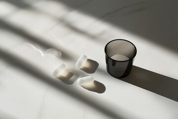 glass tumbler and pills on grey background with shadow, treatment concept, dietary supplements. copy space